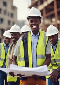 At a construction site, two people wearing hard hats and holding coffee cups stand on a scaffold pointing towards an ongoing project. The construction area is filled with scaffolding, construction materials such as bricks and wooden planks, and several workers in green uniforms actively working.